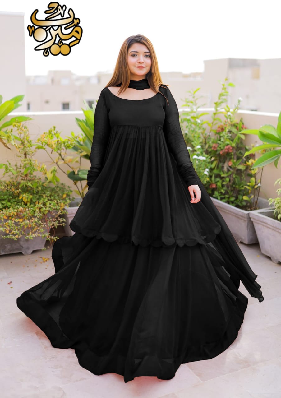 Fusion Cutting Work On Frock With Long Flare Skirt And Plain Dupatta 3Pcs