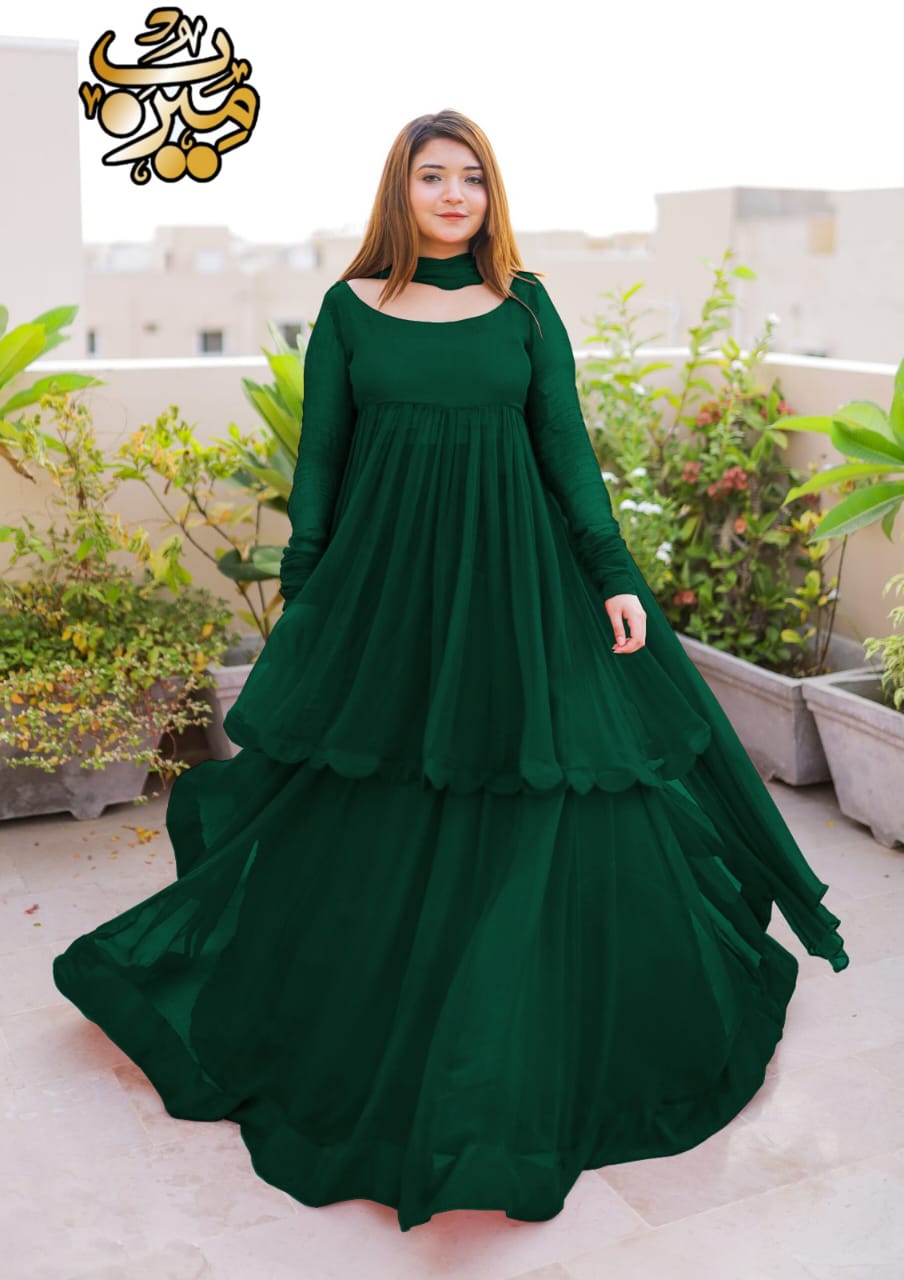 Fusion Cutting Work On Frock With Long Flare Skirt And Plain Dupatta 3Pcs