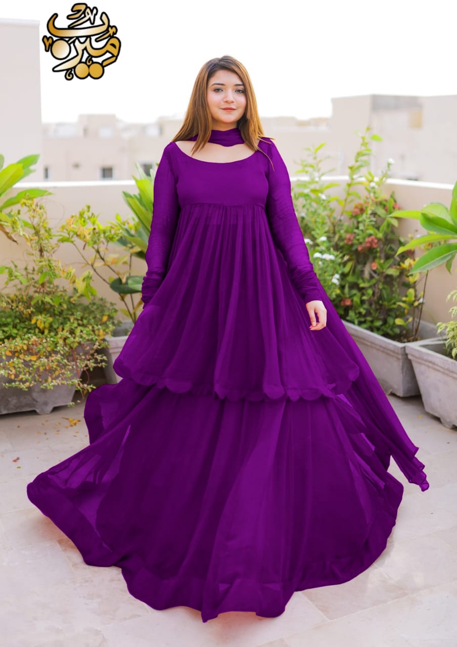 Fusion Cutting Work On Frock With Long Flare Skirt And Plain Dupatta 3Pcs
