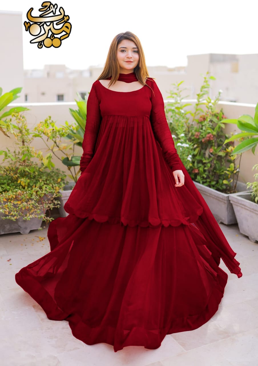 Fusion Cutting Work On Frock With Long Flare Skirt And Plain Dupatta 3Pcs