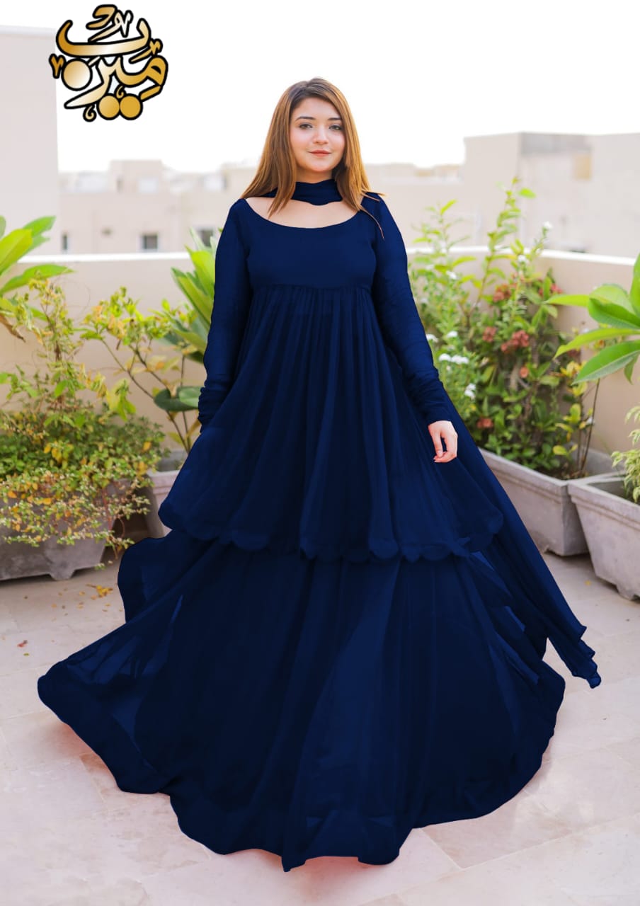 Fusion Cutting Work On Frock With Long Flare Skirt And Plain Dupatta 3Pcs